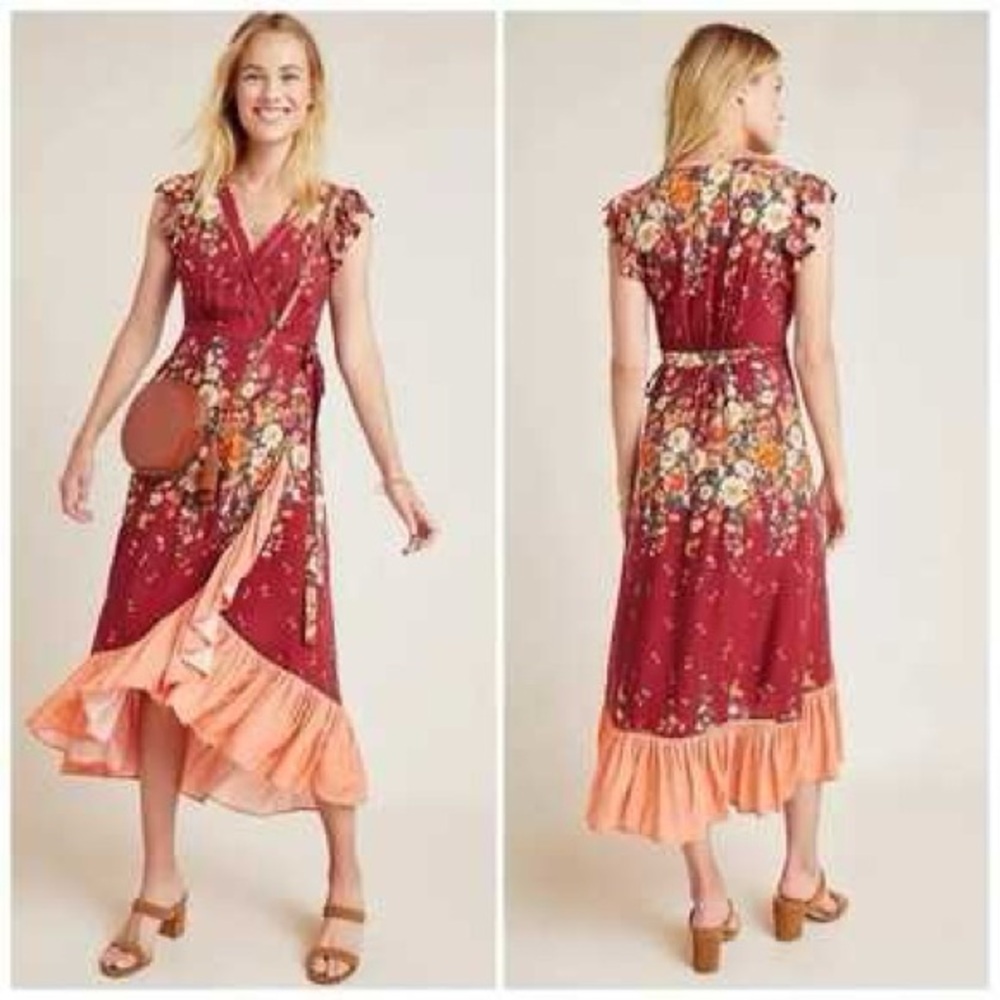 NWT FARM Rio Anthropologie Tesorina Wrap Dress 2X Burgundy Floral